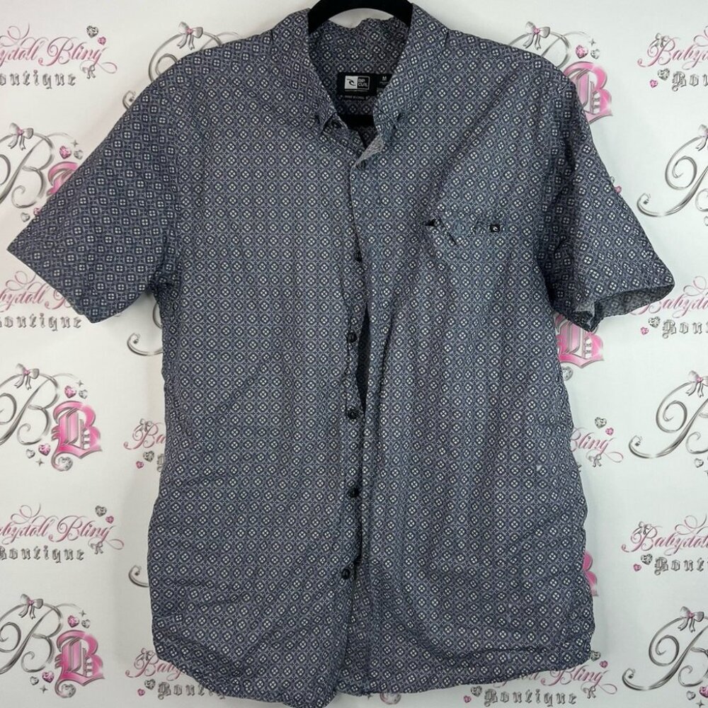 Rip Curl button up collared paisley blue Navy Geometric Short Sleeve Shirt